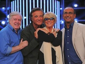 Adnkronos 11/09/2013 Roma presentazione della trasmissione Tale e quale show, nella foto la giuria Loretta Goggi Claudio Lippi, Christian De Sica con Carlo Conti